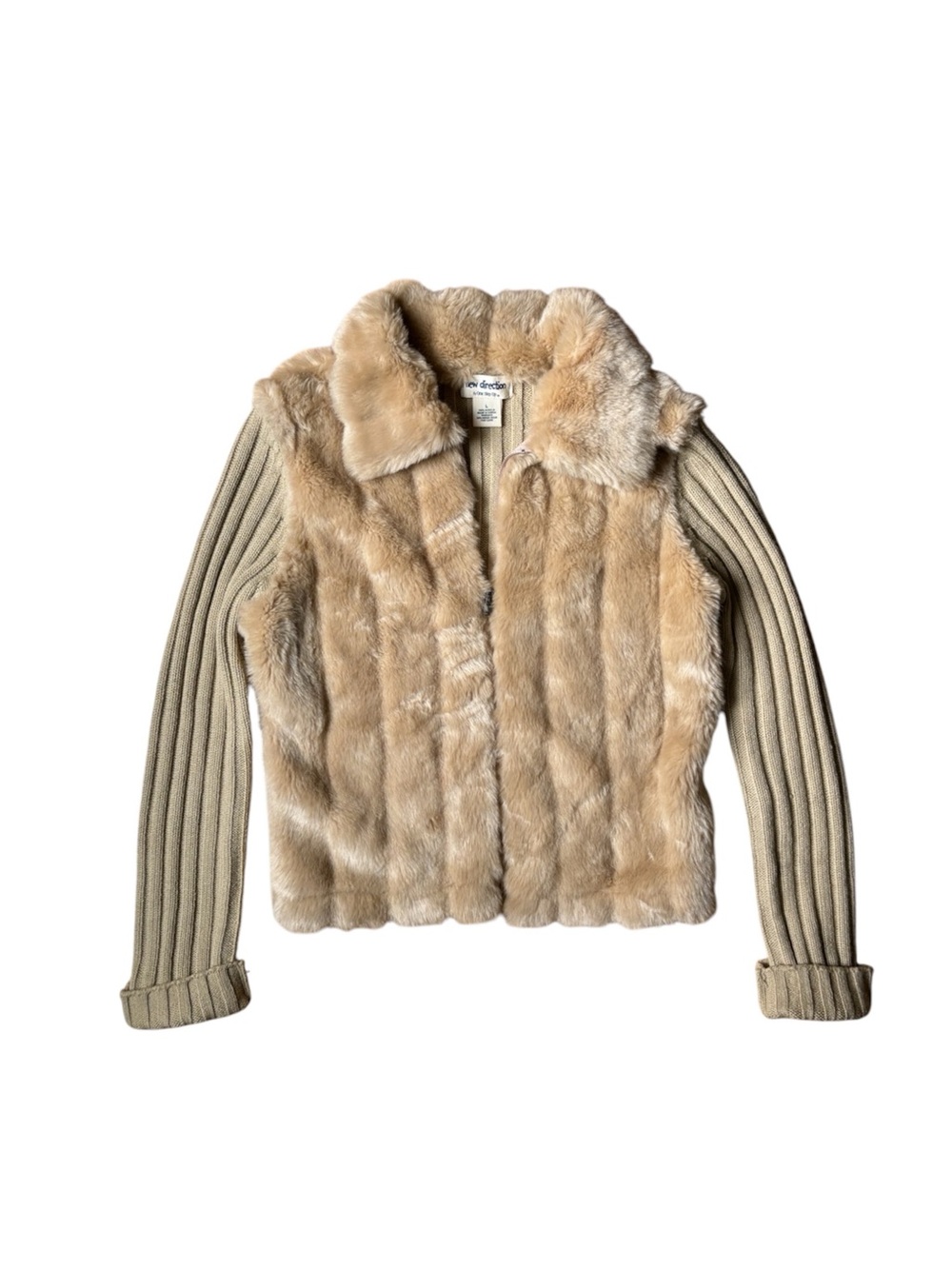 Vintage Y2K Faux Fur Knit Collared Zip Up Sweater L